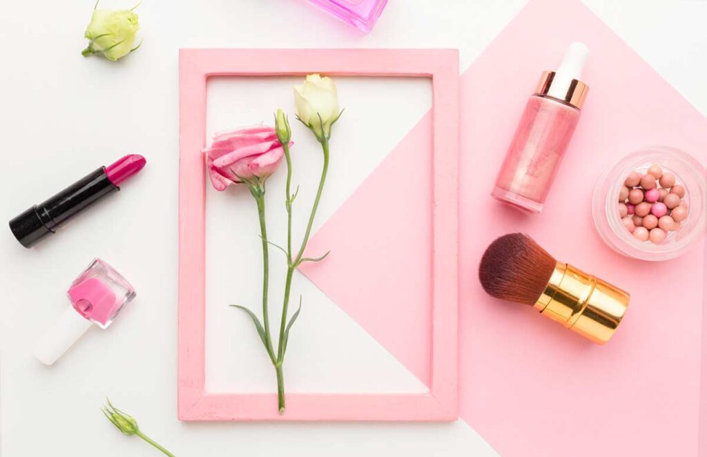 top view collection beauty products with frame