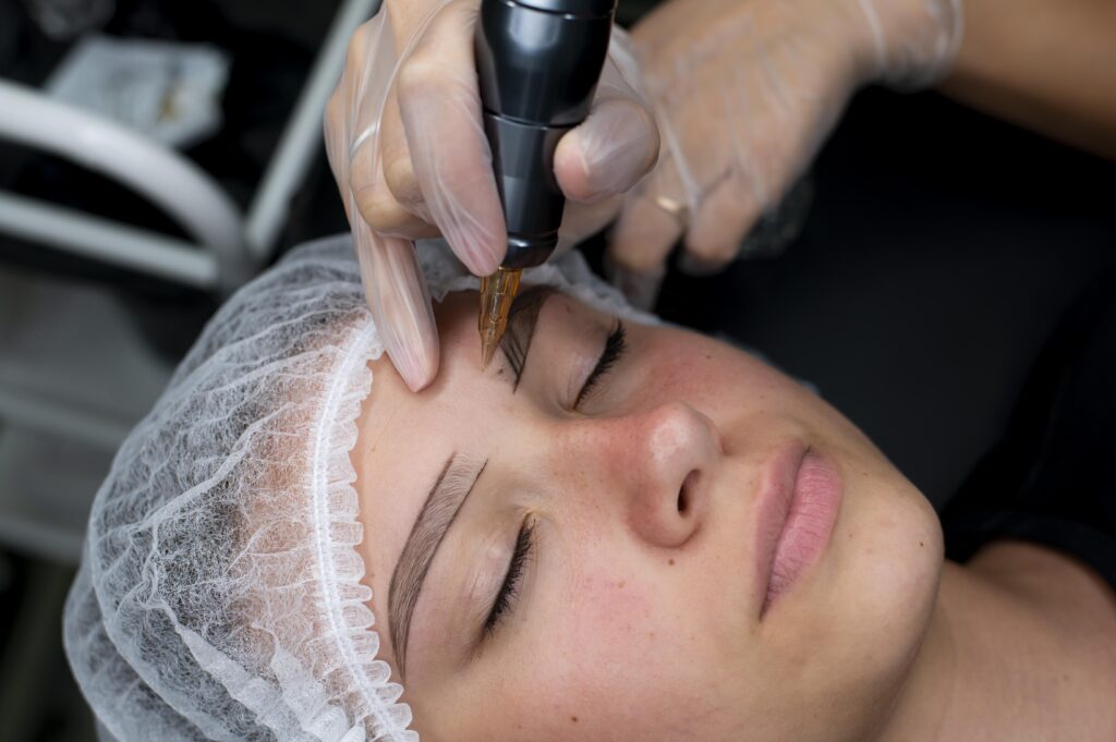 beautician doing microblading procedure woman beauty salon 1